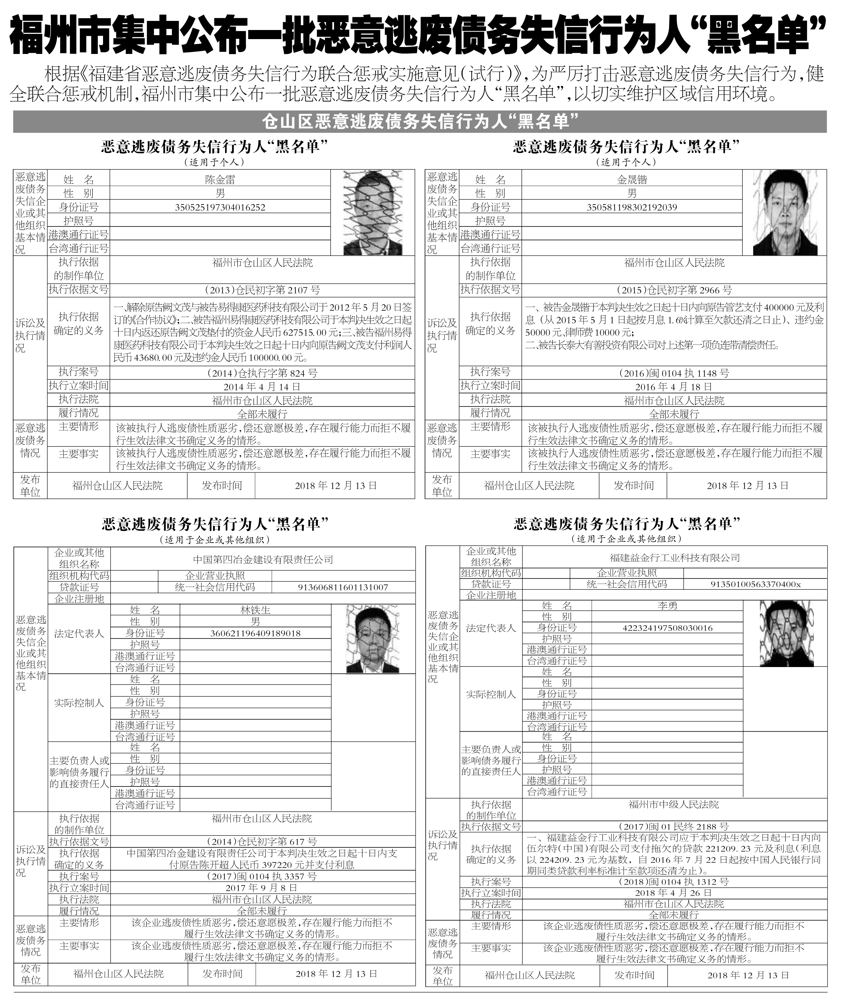 福州市仓山区公布一批恶意逃废债务失信行为人“黑名单”